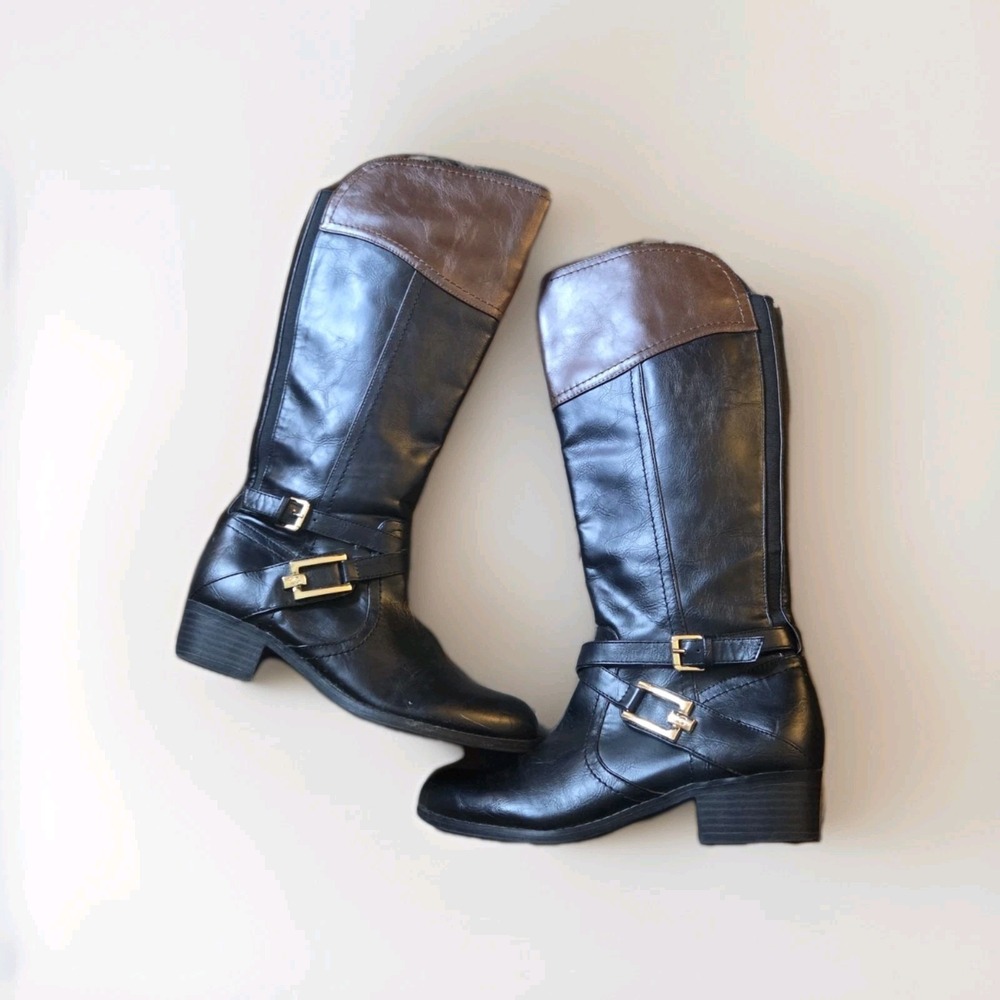Liz Claiborne Lo Trevi Women's 7M Black Brown Knee High Riding Boots Side Zip...